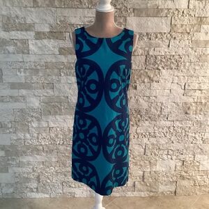Brooks Brothers sleeveless shift/sheath dress with teal and navy blue geometric
